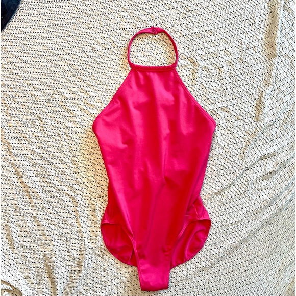 Hot Pink Halter Leo by Danskin, Adult Petite Dance Leotard w Bust Panel - Picture 5 of 8